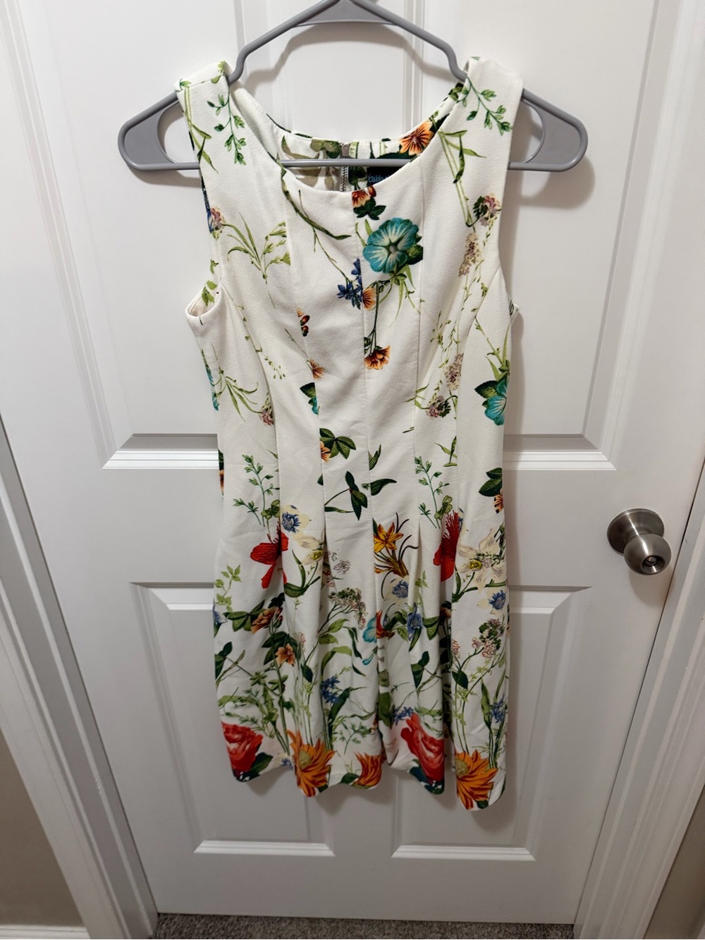Gabby Skye White Floral Sleeveless Midi Dress with Multicolor Blooms